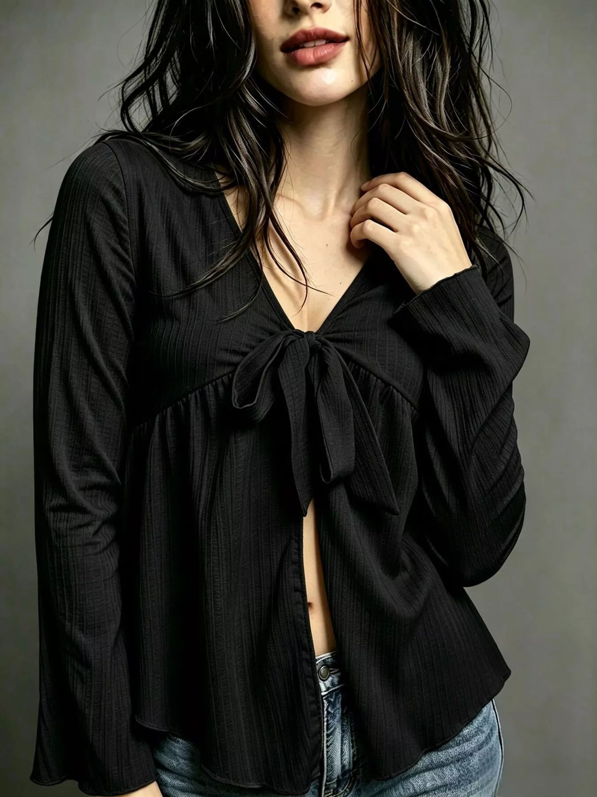 Tie-Front Flare Sleeve Blouse - Black - View 2