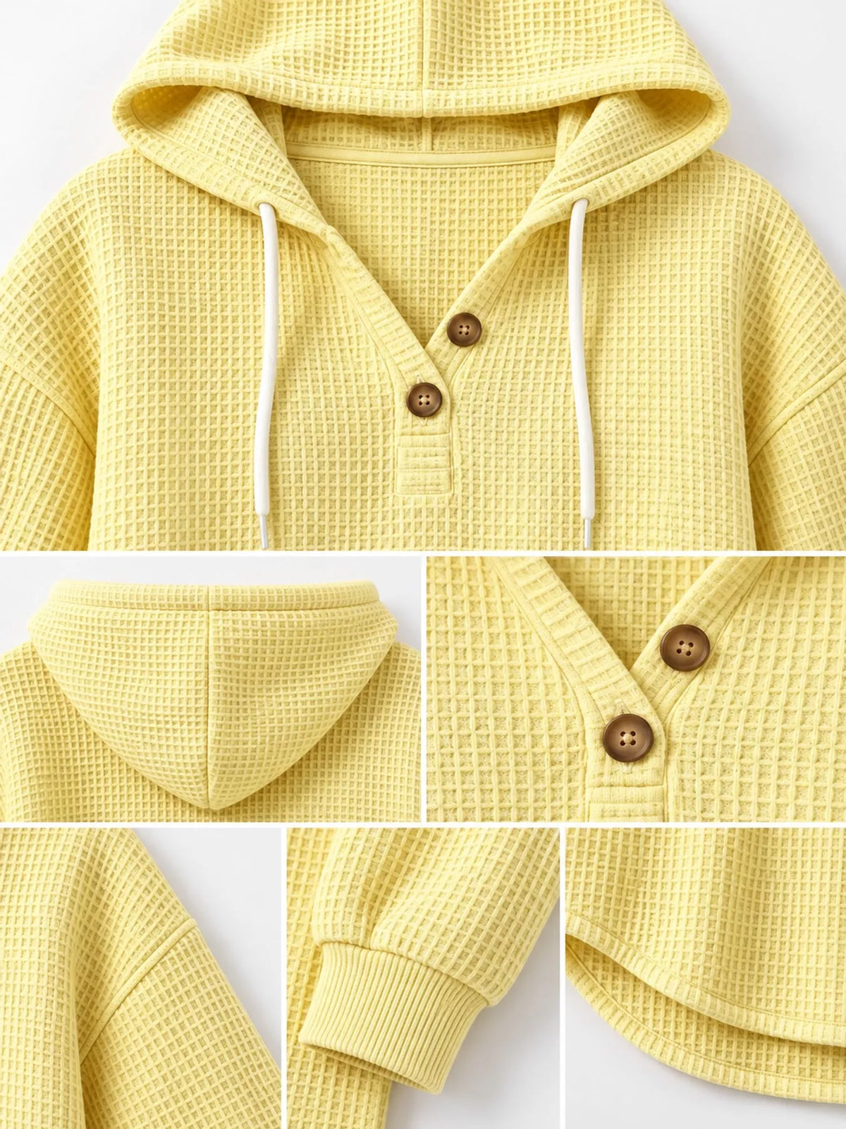 Full Size Waffle Knit Button Detail Hoodie Plus Size - Yellow - View 14