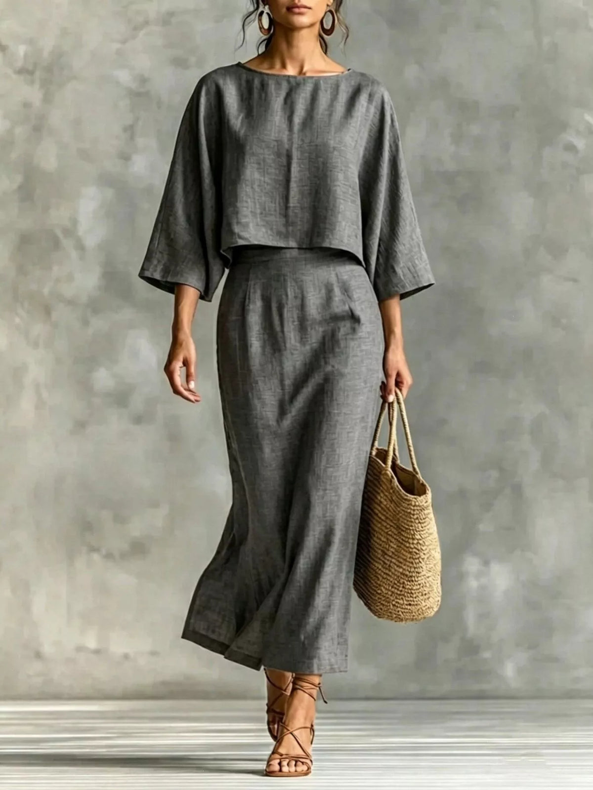 Full Size Solid Color Cropped Top and Midi Skirt Set Plus Size - Gray - View 1