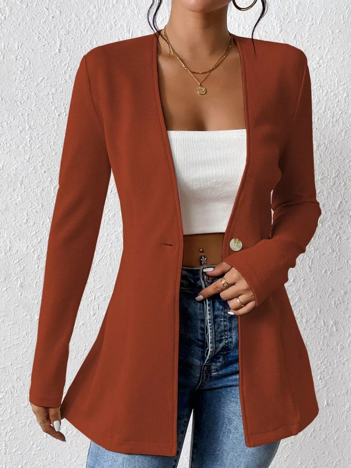 One Button Long Sleeve Blazer - Coffee Brown - View 13
