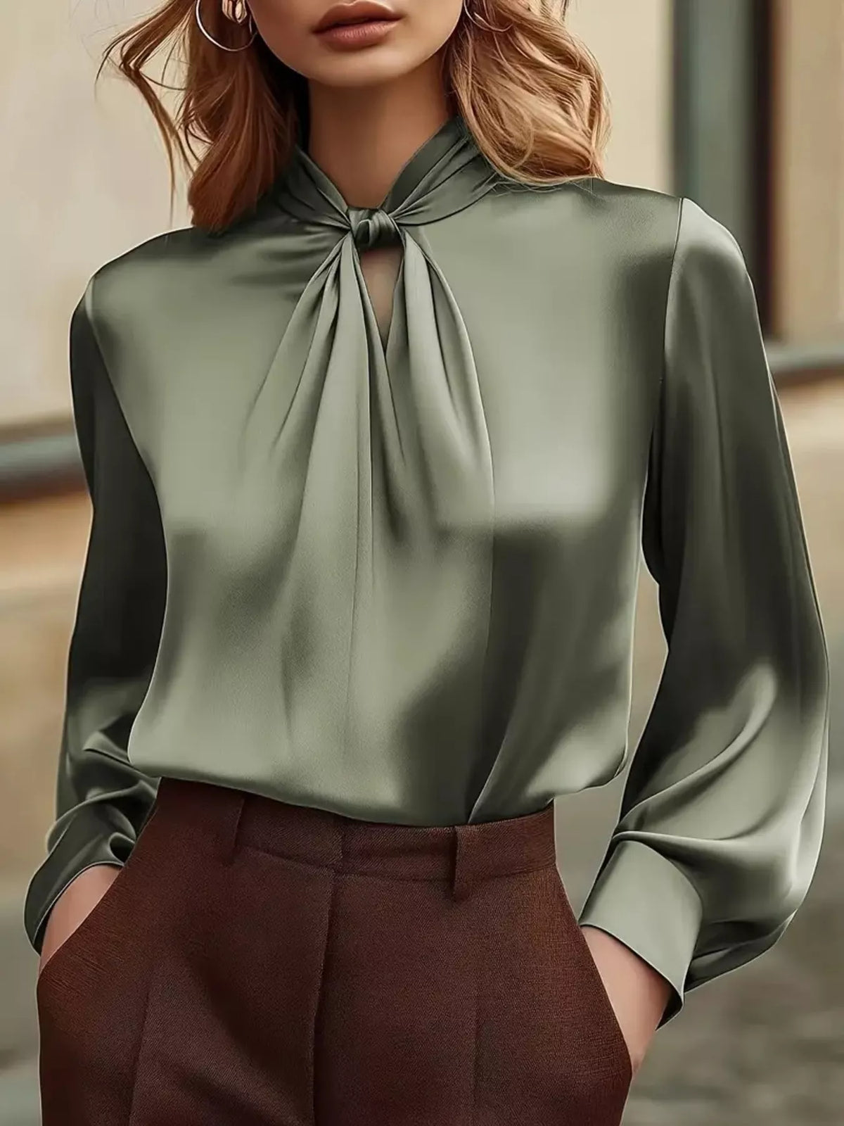 Satin Cutout Front Blouse - Olive - View 1