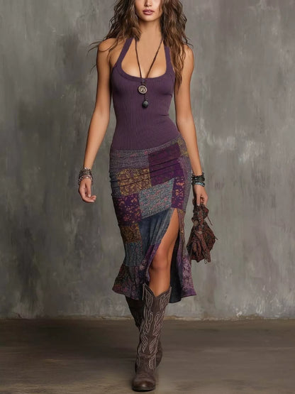 Slit Printed Sleeveless Midi Dress - Plum Purple - View 1