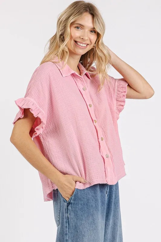 Mittoshop Mineral Washed Button Down Flounce Sleeve Shirt - Blush Pink - View 3