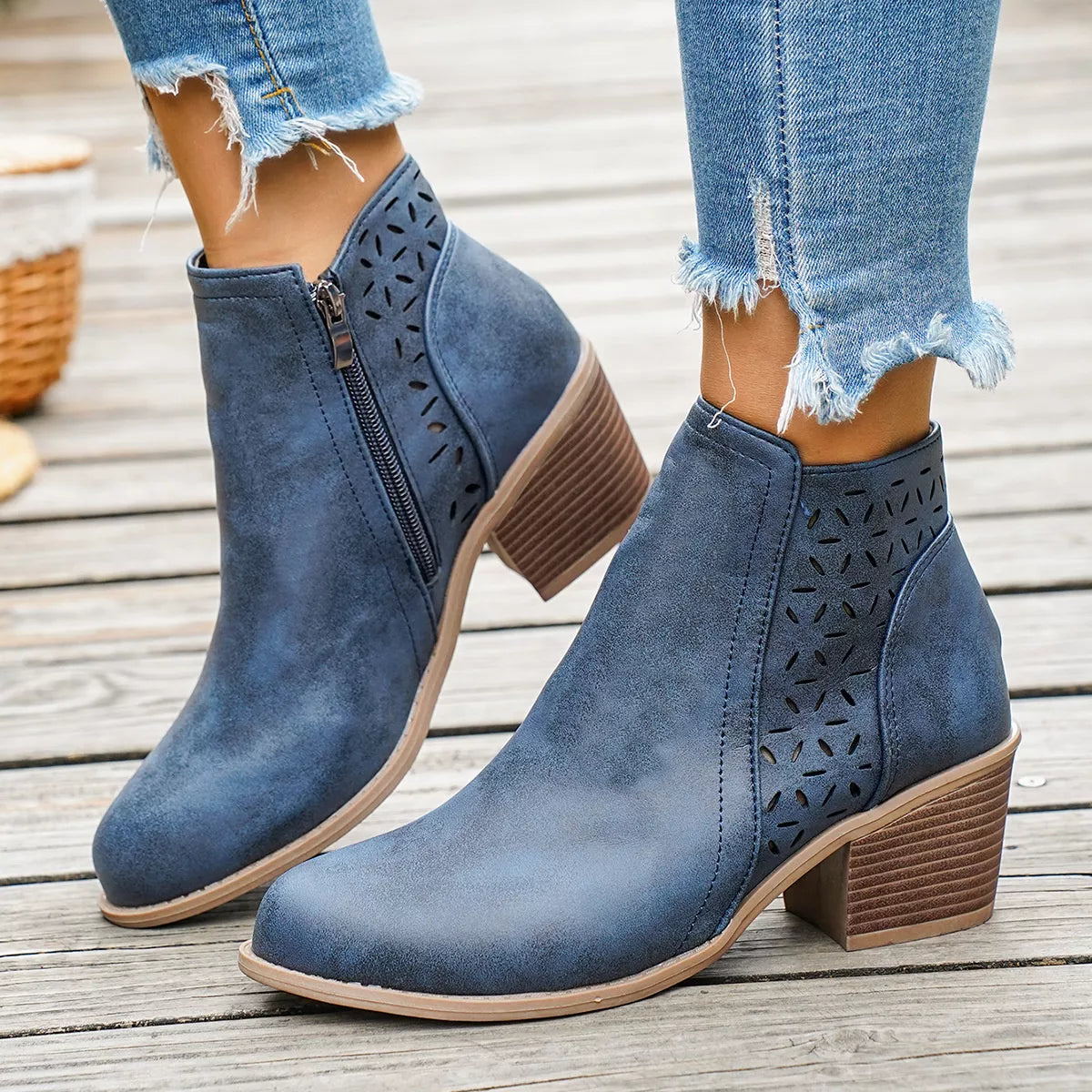 Round Toe Block Heels Boots - Blue - View 11