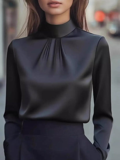 Mock Neck Long Sleeve Blouse with Pleated Detail - Black - View 1