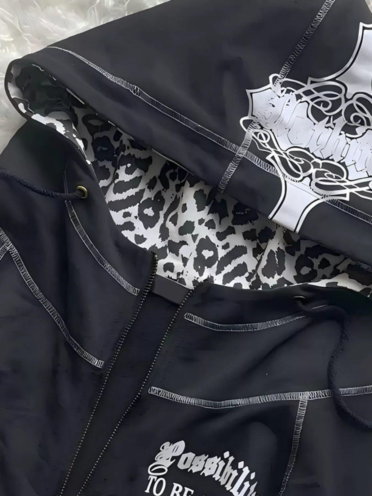 Gothic Cross Leopard Lined Zip-Up Hoodie - Black - View 3