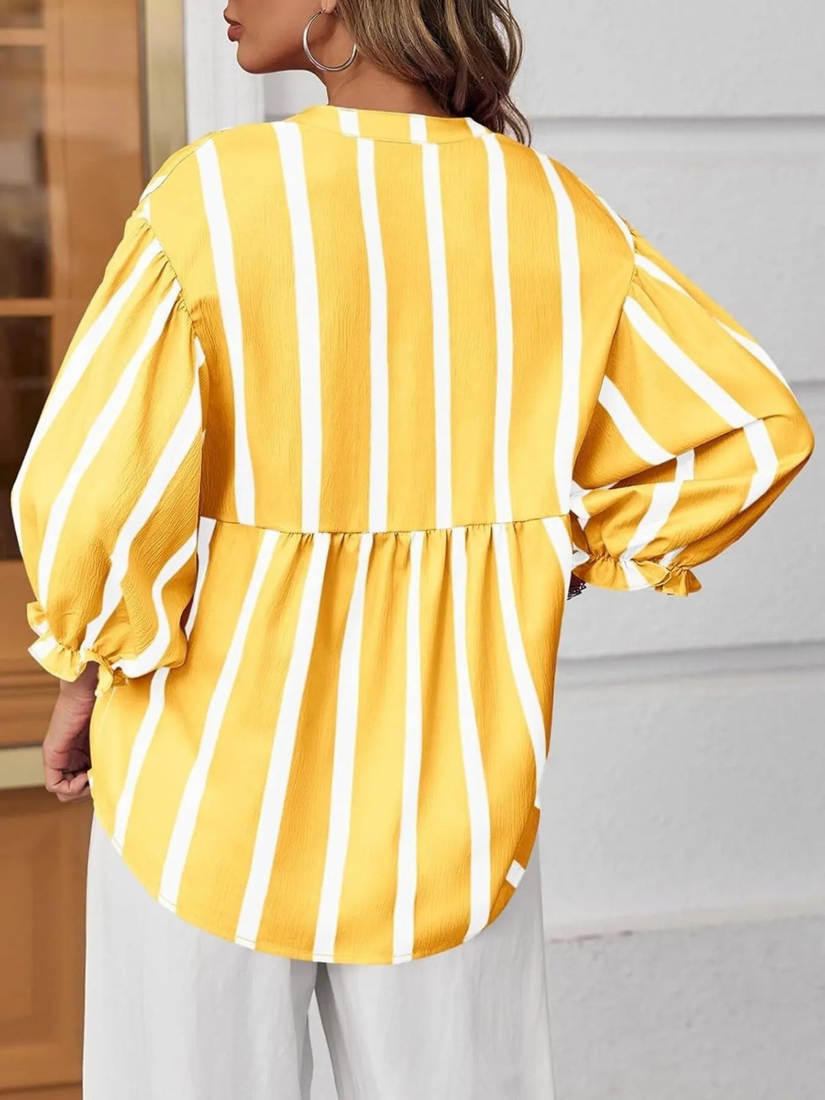 Striped Button Front Notched Blouse - Yellow - View 17