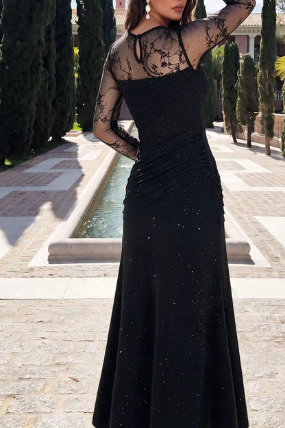 Glitter Mesh Long Sleeve Maxi Dress - Black - View 4