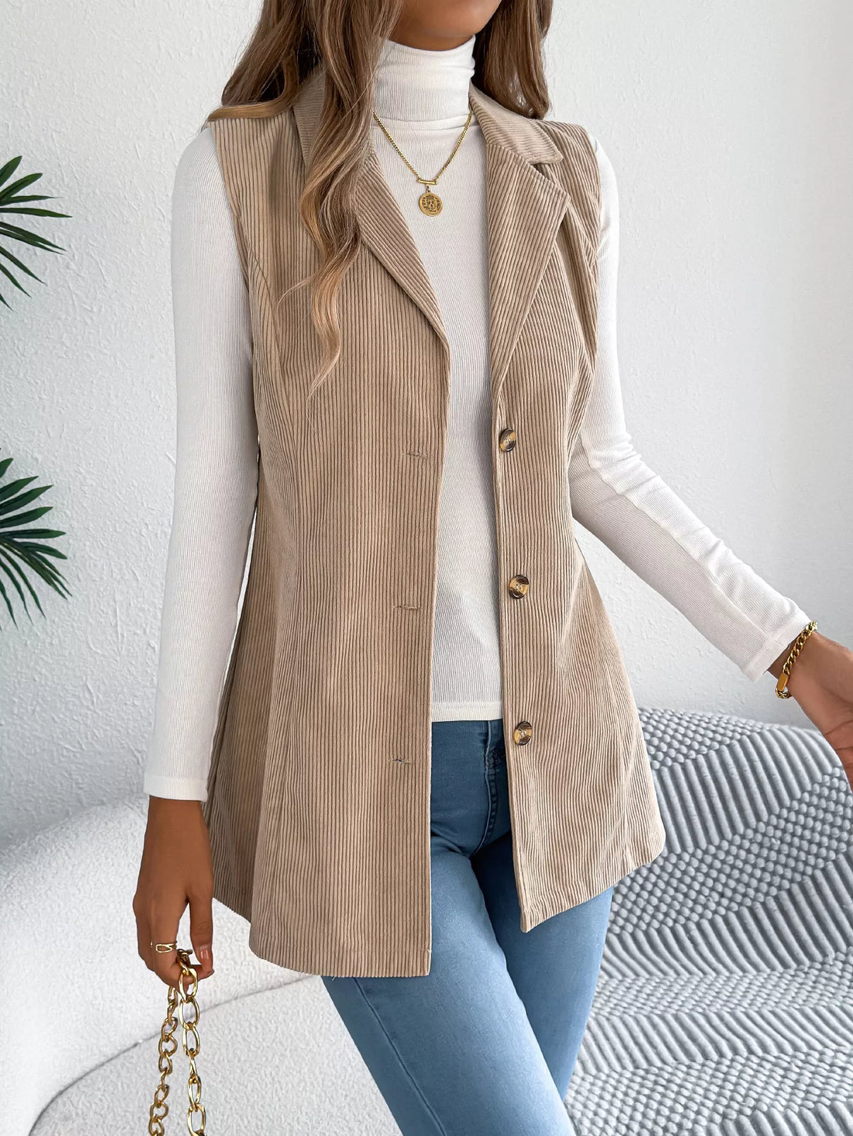 Button-Front Longline Vest Coat - Khaki - View 3