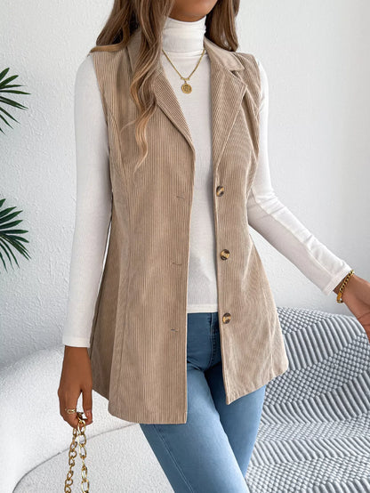 Button-Front Longline Vest Coat - Khaki - View 3