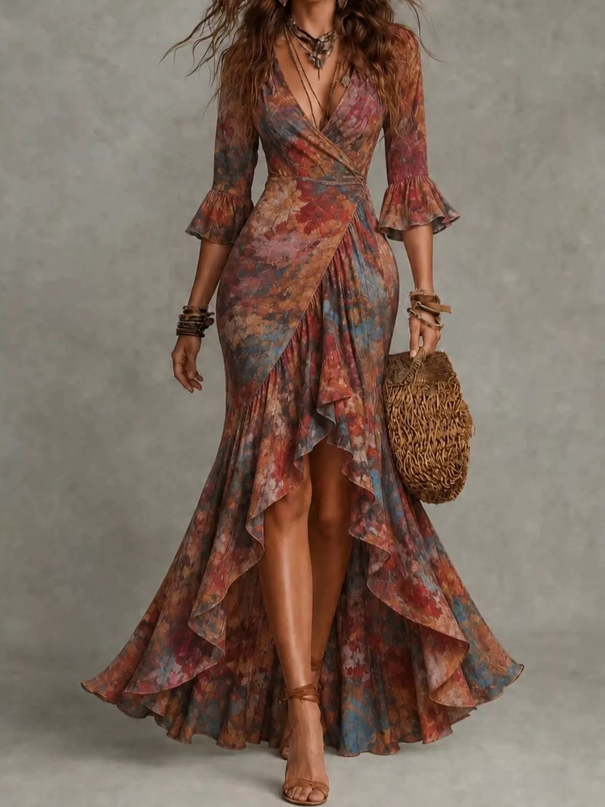 High-Low Ruffled Maxi Dress - Dark Red - View 11