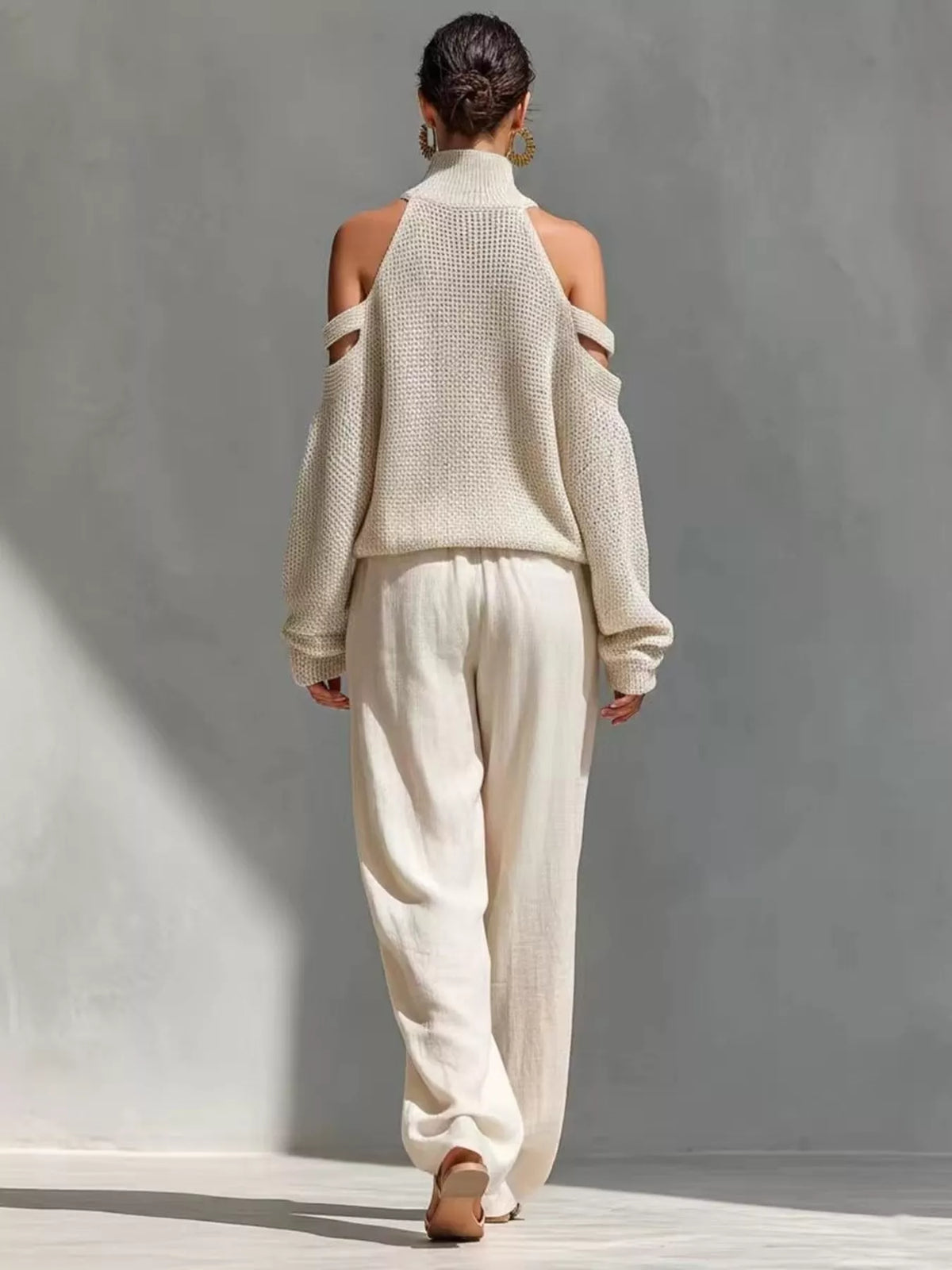 Cold Shoulder Turtleneck Top and Wide-Leg Pants Set - Beige - View 2