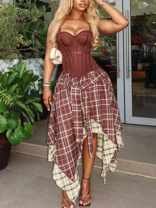 Sweetheart Neck Cami and Asymmetrical Plaid Skirt Set - product photo 1