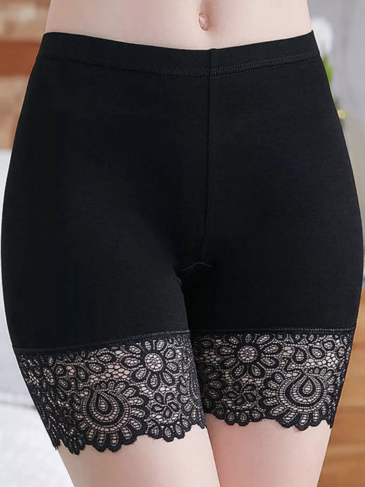 Plus Size High-Waisted Lace Trim Safety Panties - Black - View 1