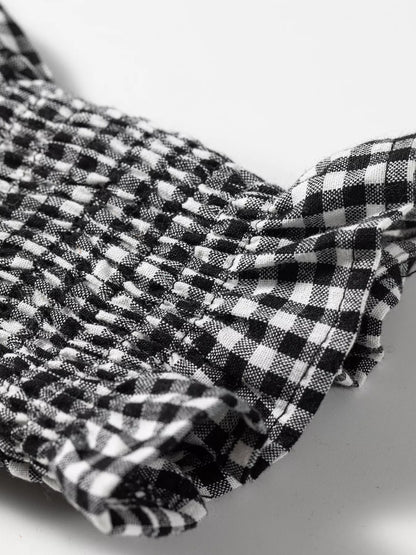 Plaid Shirred Cuff Long Sleeve Round Neck Blouse - Black - View 9