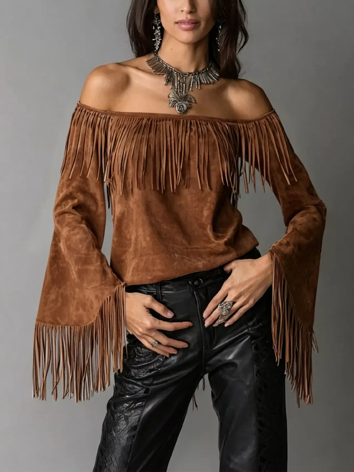 Full Size Fringed Off-Shoulder T-Shirt Plus Size - Brown - View 1