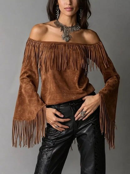 Full Size Fringed Off-Shoulder T-Shirt Plus Size - Brown - View 1
