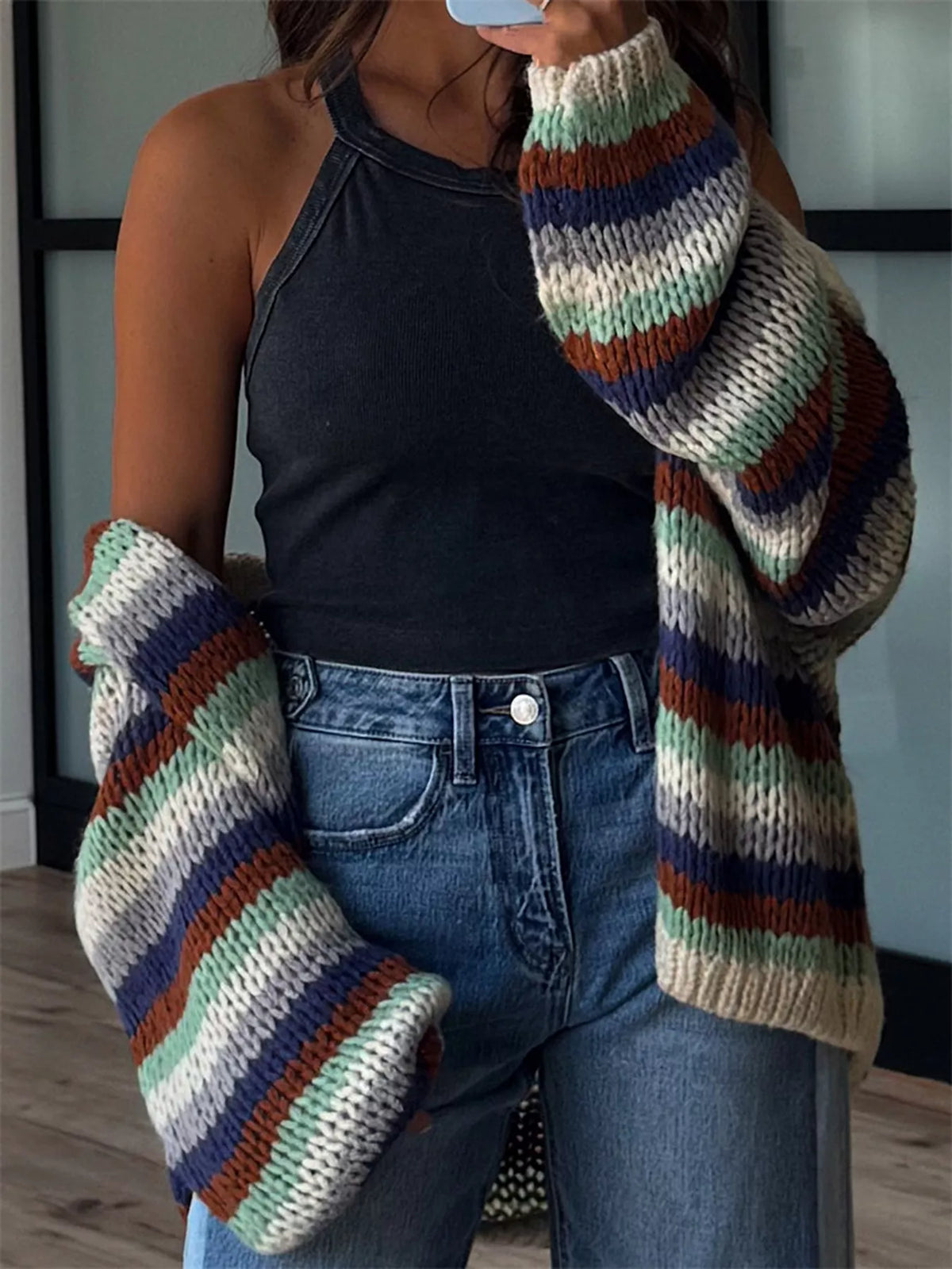 Multi-Color Striped Chunky Knit Open-Front Cardigan - Chocolate - View 3