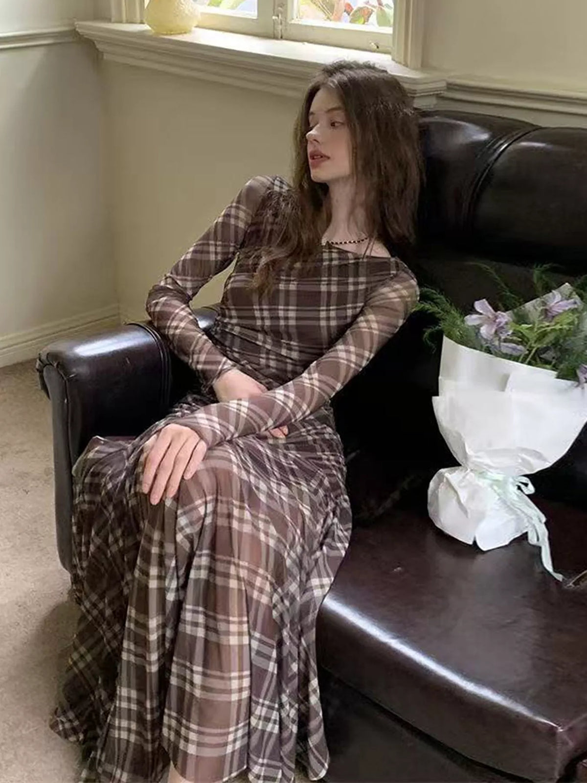 Plaid Long-Sleeve Slim-Fit Maxi Dress - Brown - View 4