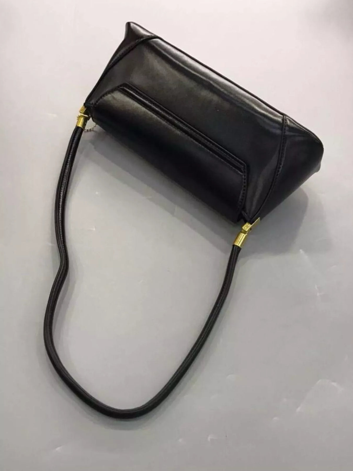 Leather Shoulder Bag with Golden Clasp - Black - View 3