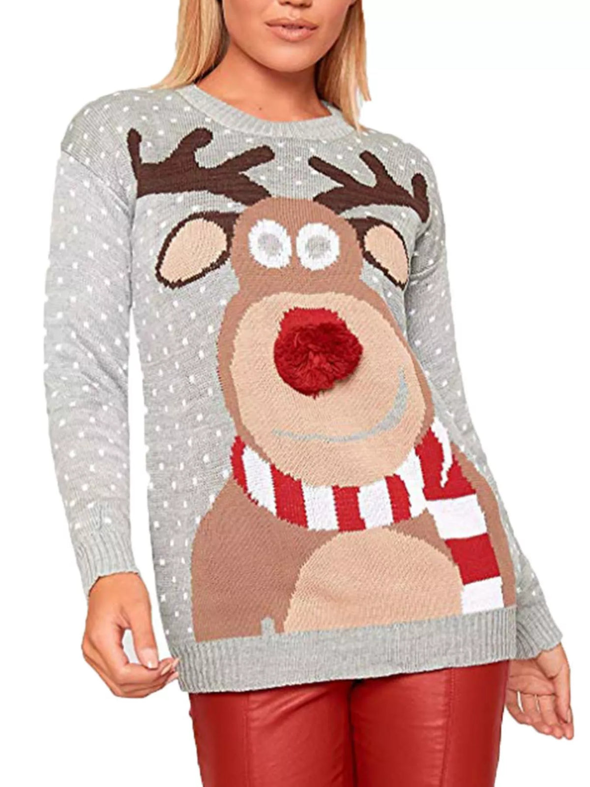 Christmas Reindeer Graphic Round Neck Sweater - Grey - View 1