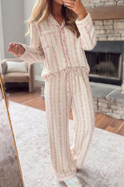 Floral Print Button-Down Top and Pants Loungewear Set - Blush Pink - View 1