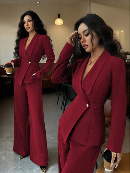 One Button Blazer and Pants Set - Red - View 5