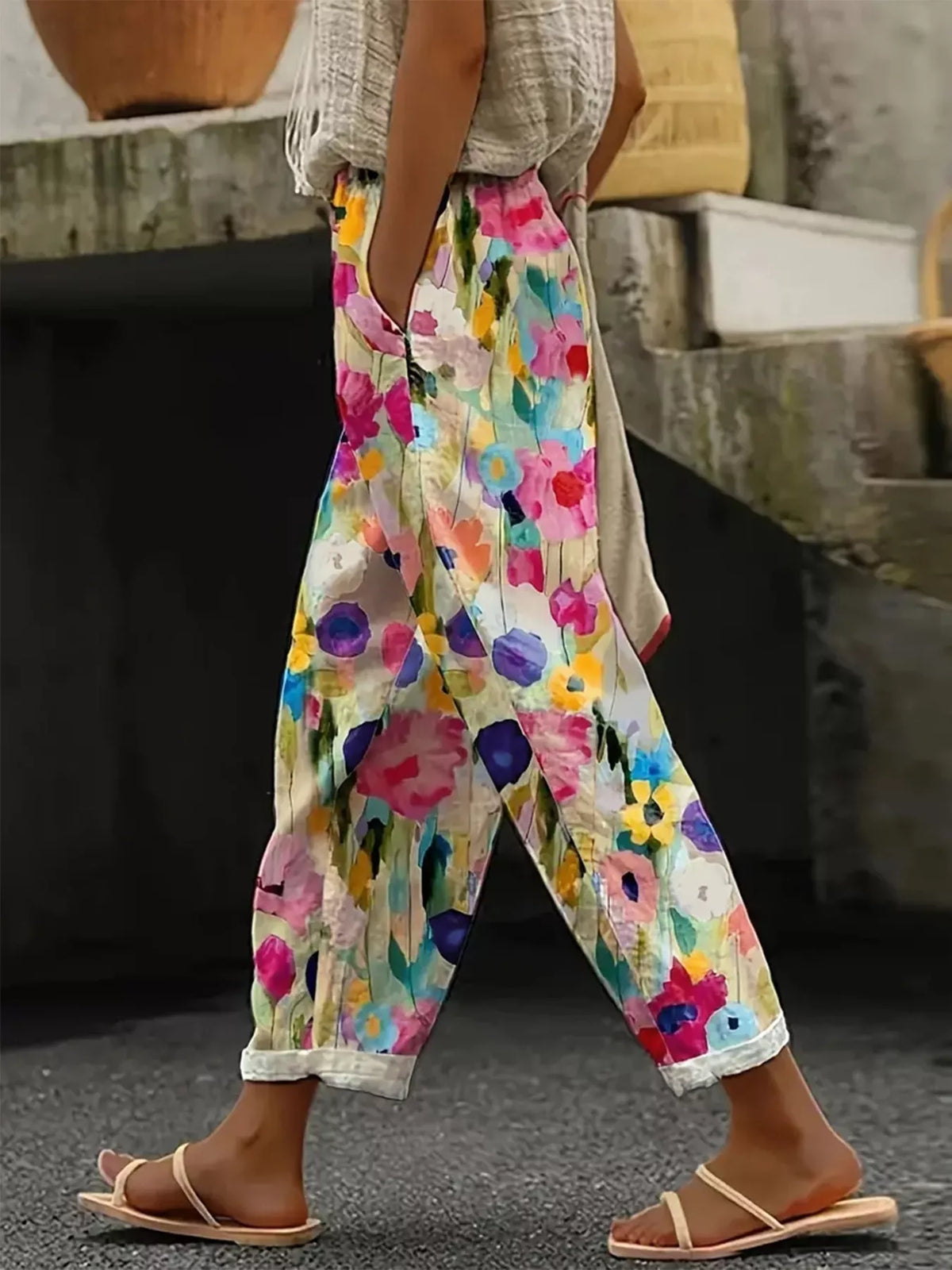 Floral Print Loose Casual Pants - Multicolor - View 1