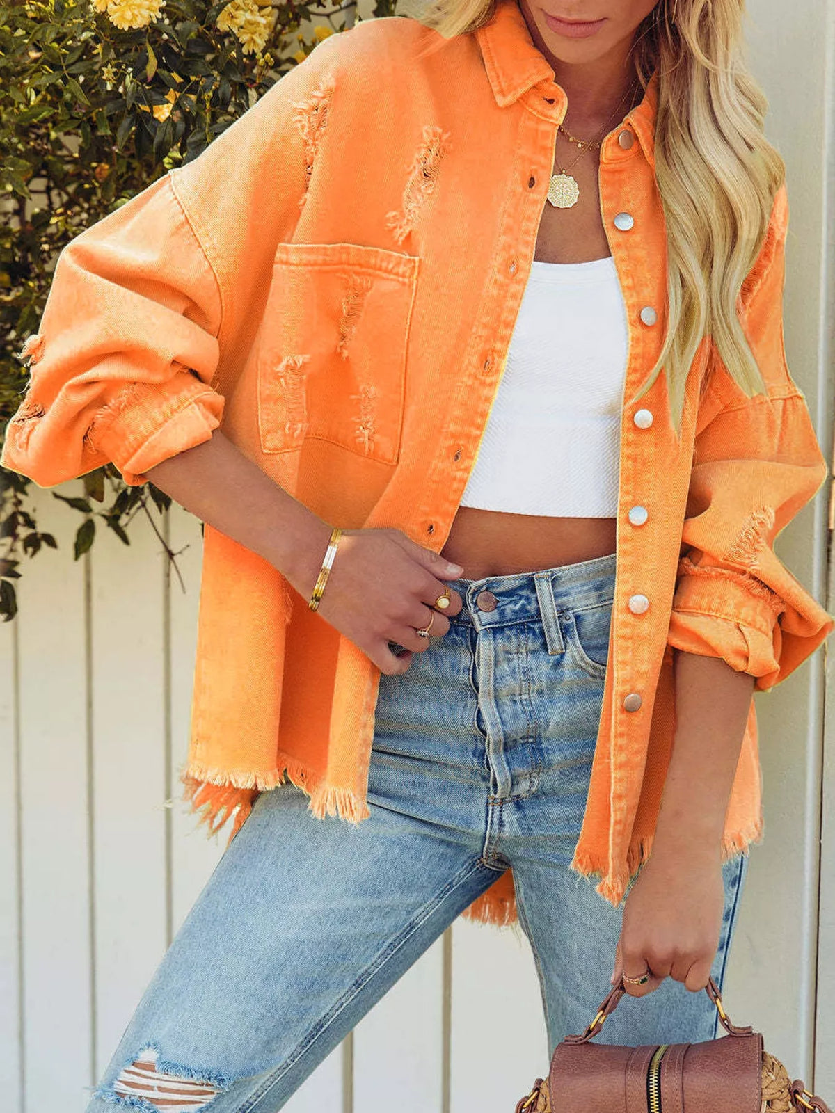 Distressed Raw Hem Denim Jacket - Orange - View 7