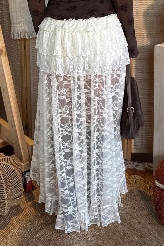 White Sheer Lace Frilly Ruffles High Low Long Skirt - White - 2