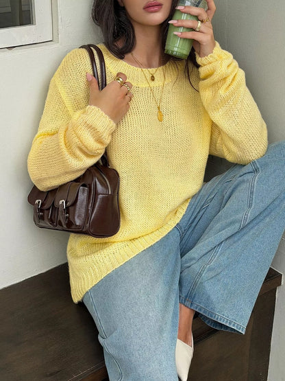 Crew Neck Dropped Shoulder Sweater - Yellow - View 3