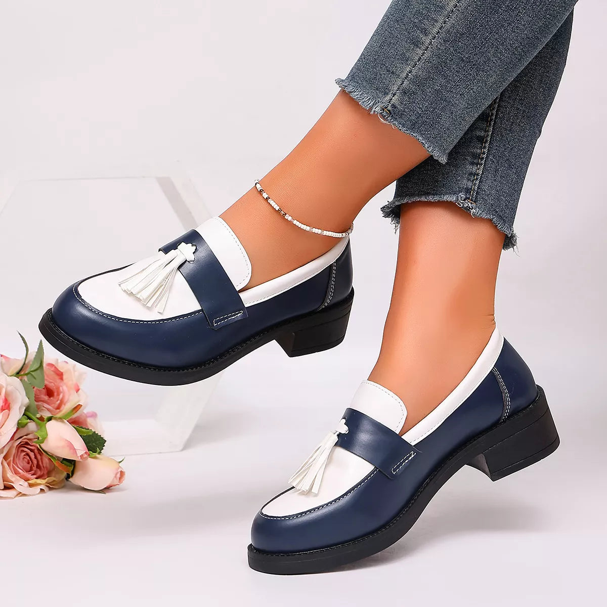 Round Toe Block Heels Loafers - Blue - View 6