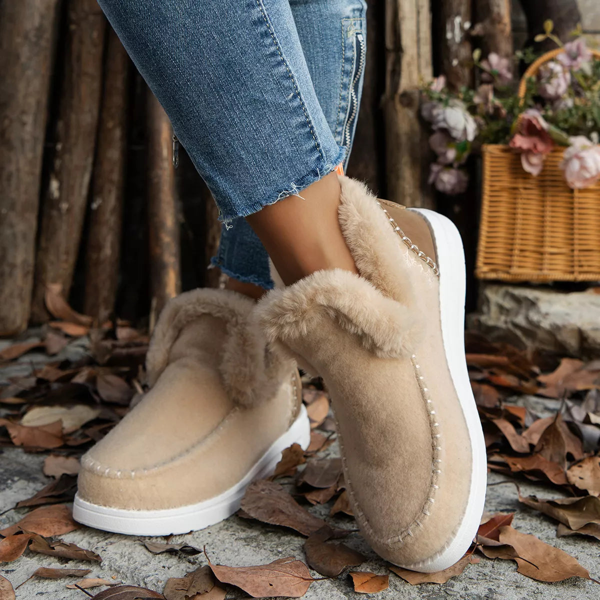 Round Toe Winter Ankle Boots - Beige - View 3