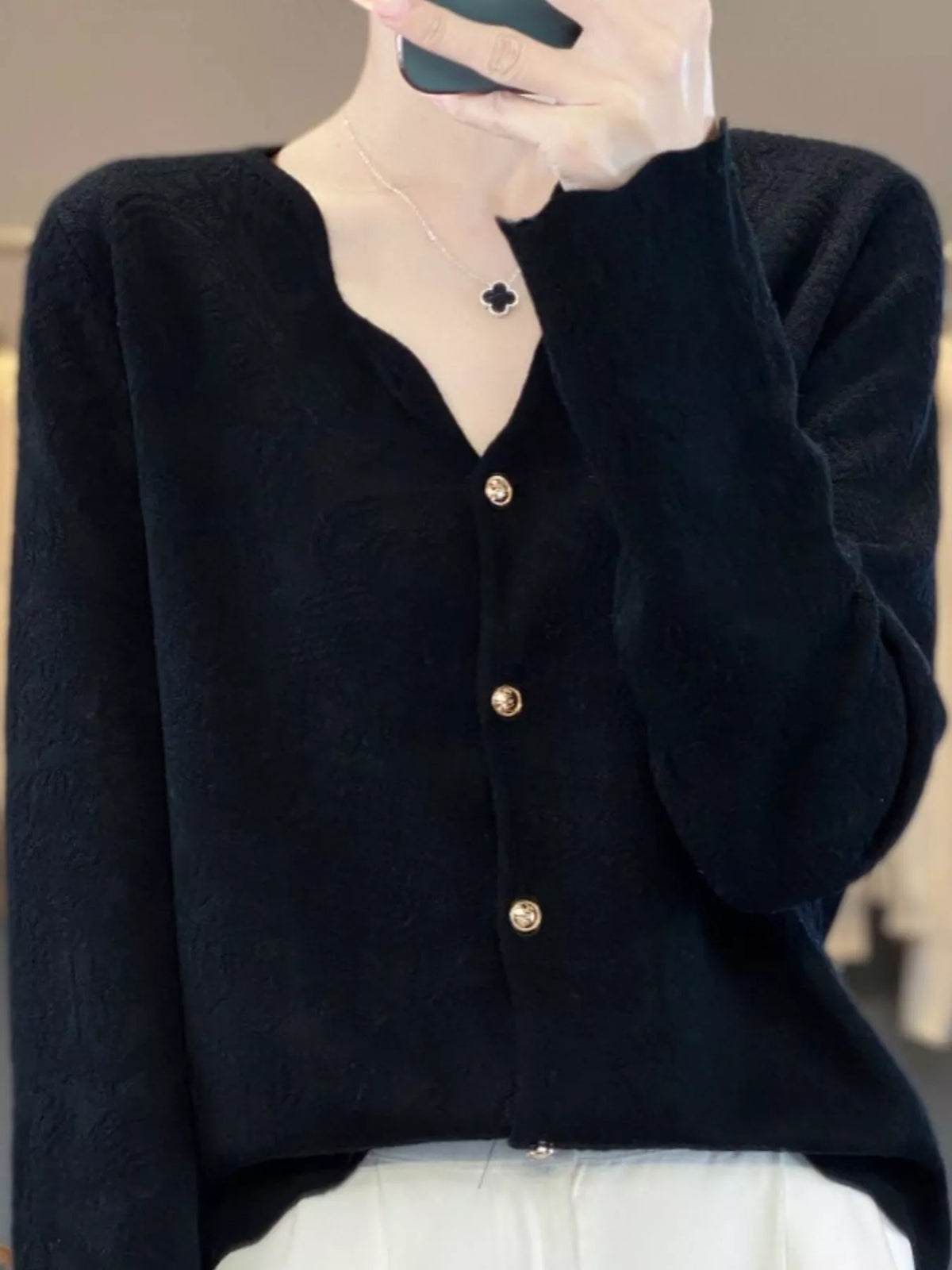 Lace V-Neck Cardigan - Black - View 6