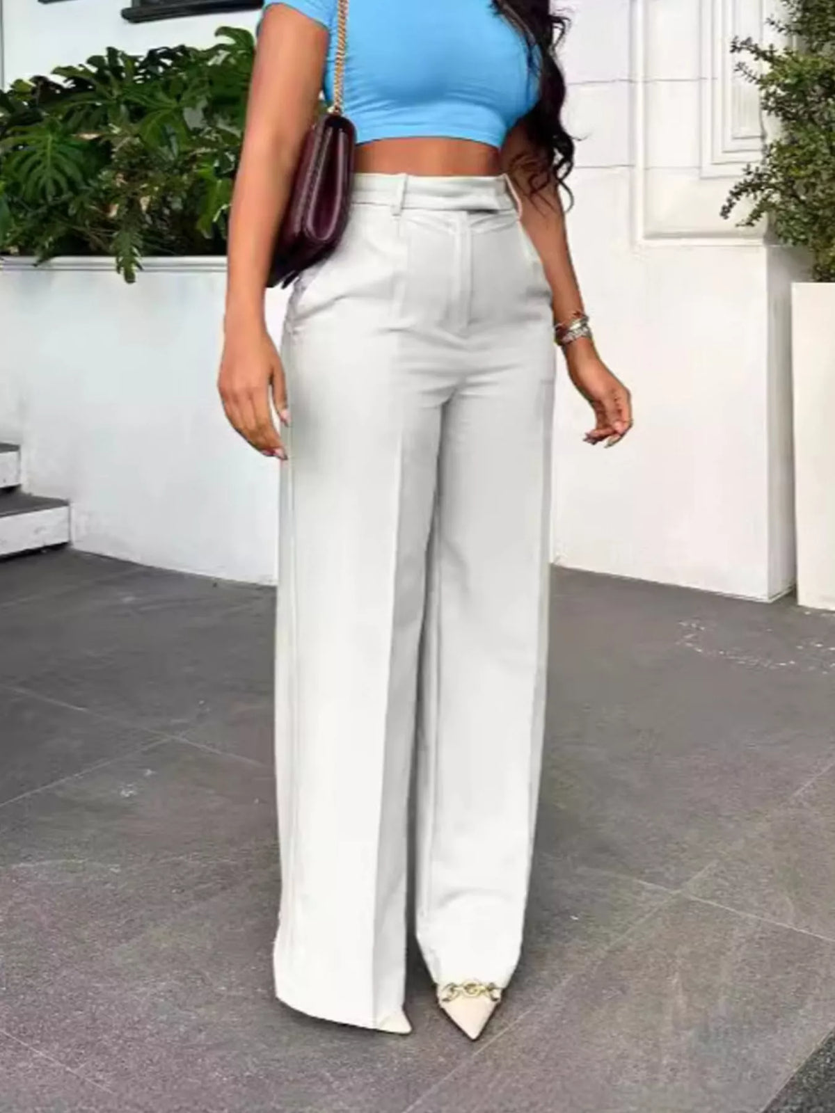 High-Waisted Wide-Leg Pants - Ivory White - View 1