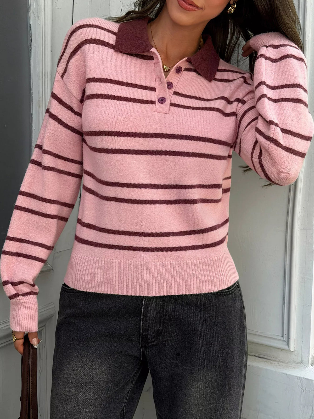 Striped Polo Collar Dropped Shoulder Sweater - Pink And Brown Stripes - View 4