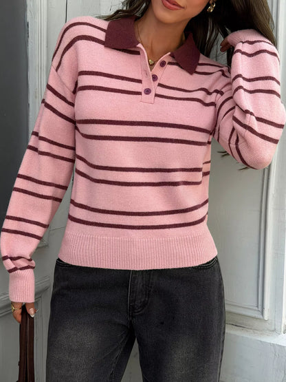 Striped Polo Collar Dropped Shoulder Sweater - Pink And Brown Stripes - View 4