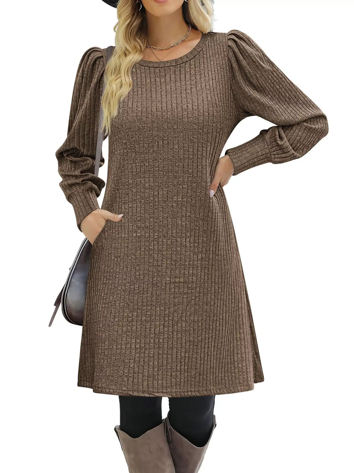 Puff Sleeve Ribbed Knit Dress with Pockets - Brown - View 11