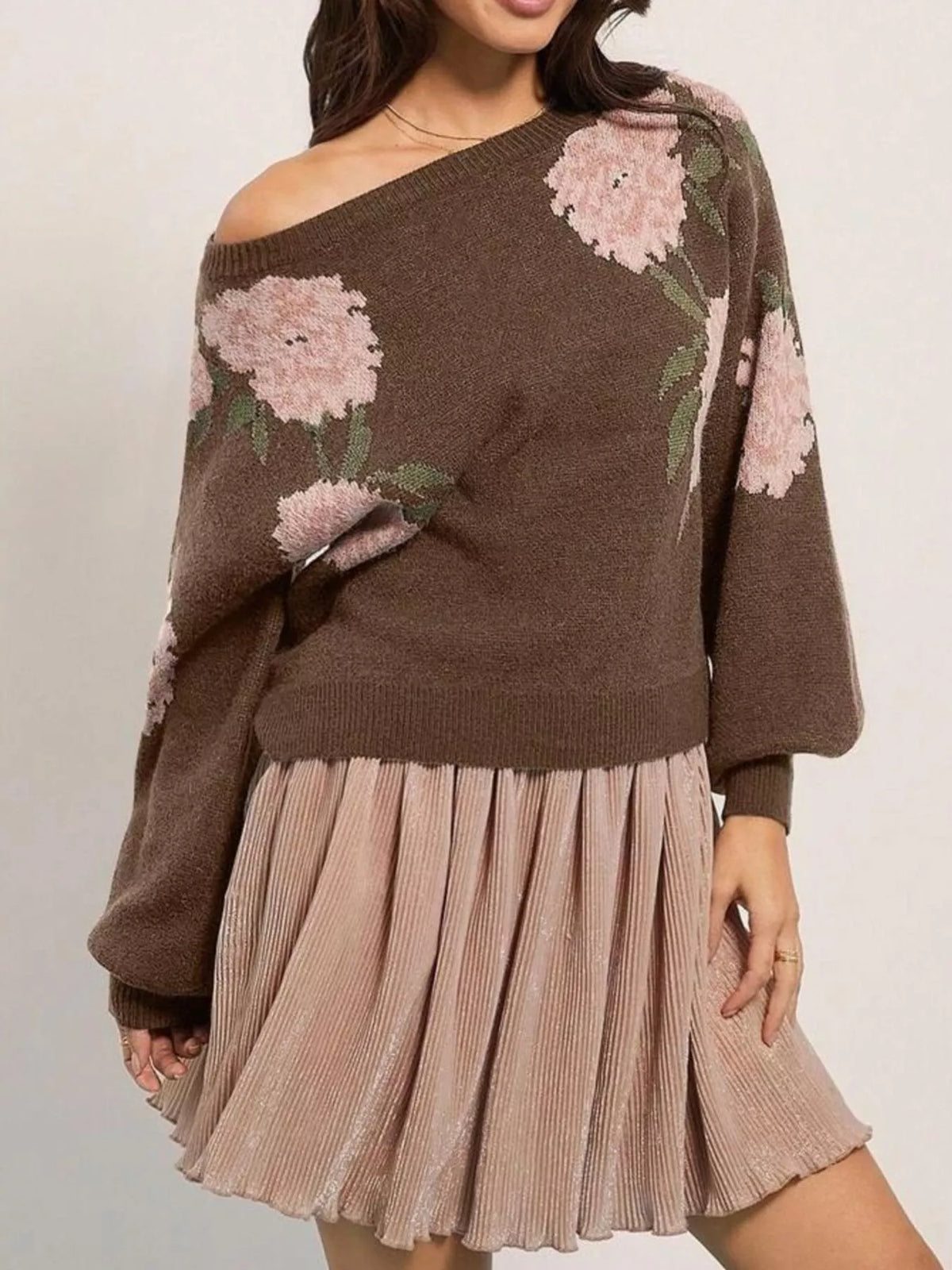 Floral Pattern Dropped Shoulder Sweater - Coffee Brown - View 6
