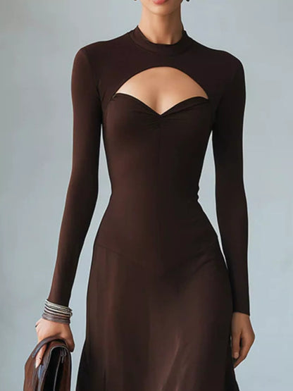 Full Size Mock Neck Cut-Out Long Sleeve Midi Dress Plus Size - Dark Brown - View 2