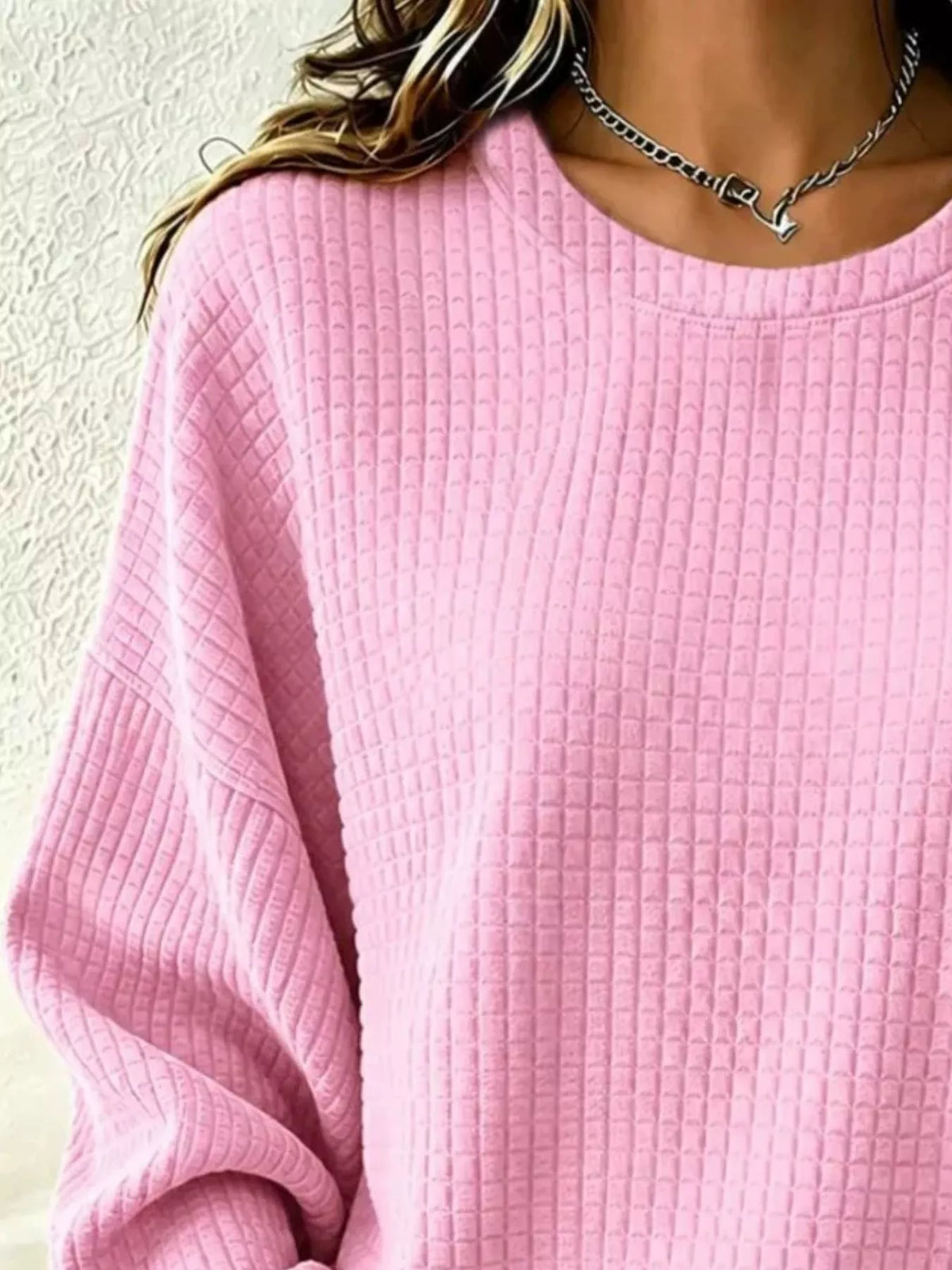 Full Size Waffle Knit Long Sleeve Crew Neck Sweatshirt Plus Size - Pink - View 2
