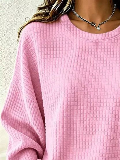 Full Size Waffle Knit Long Sleeve Crew Neck Sweatshirt Plus Size - Pink - View 2