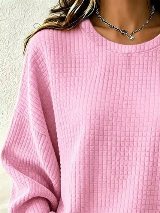 Full Size Waffle Knit Long Sleeve Crew Neck Sweatshirt Plus Size - Pink - View 2