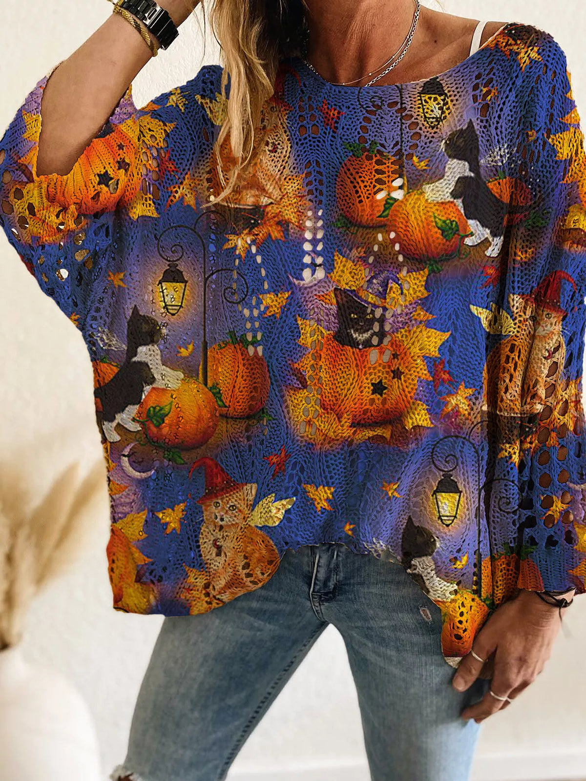 Full Size Halloween Pumpkin Loose Knit Cover Up Plus Size - Blue - View 1