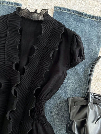 Ruffled V-Neck Blouse with Smocked Waist - Black - View 4
