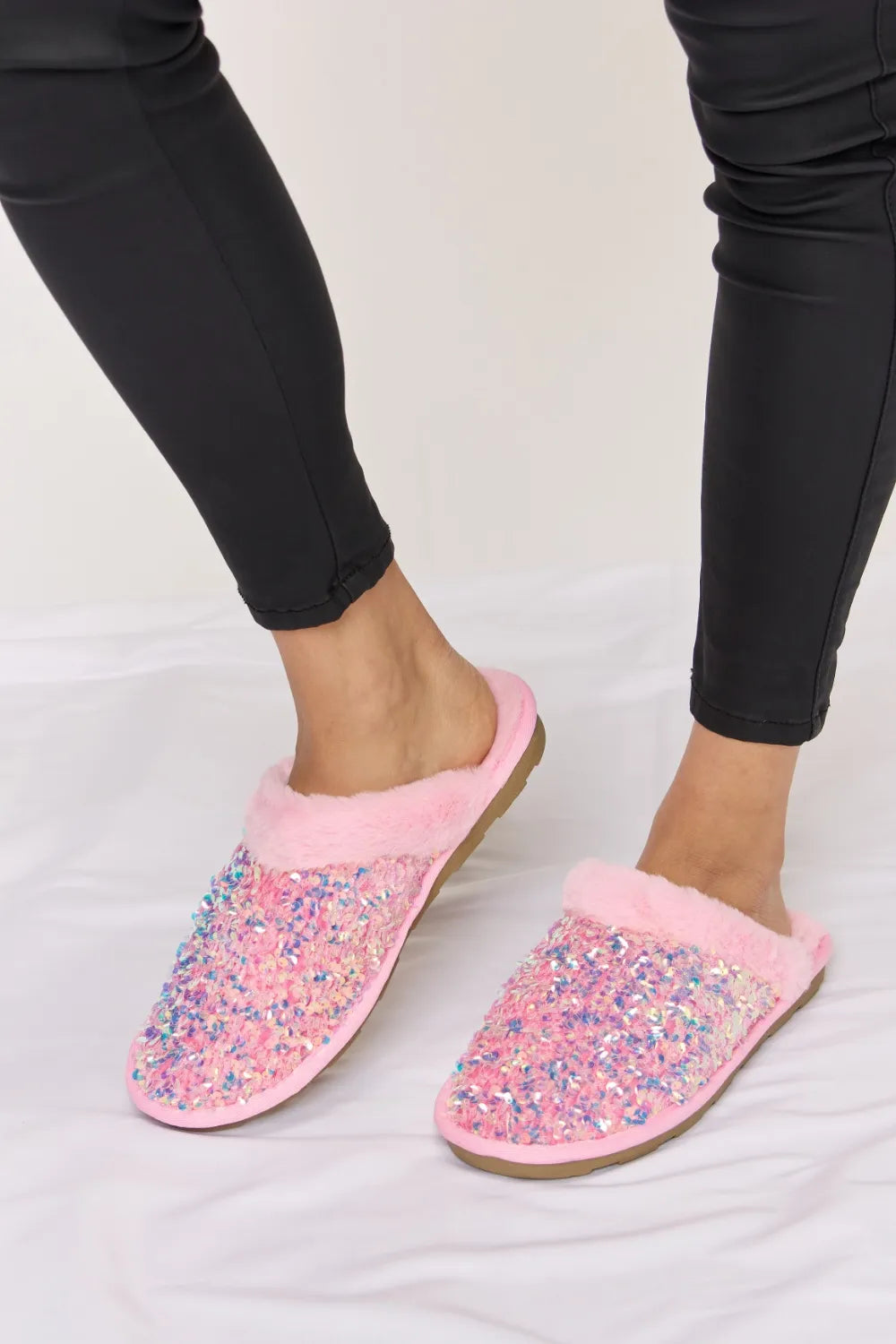 Forever Link Sequin Plush Round Toe Slippers - PINK - View 5