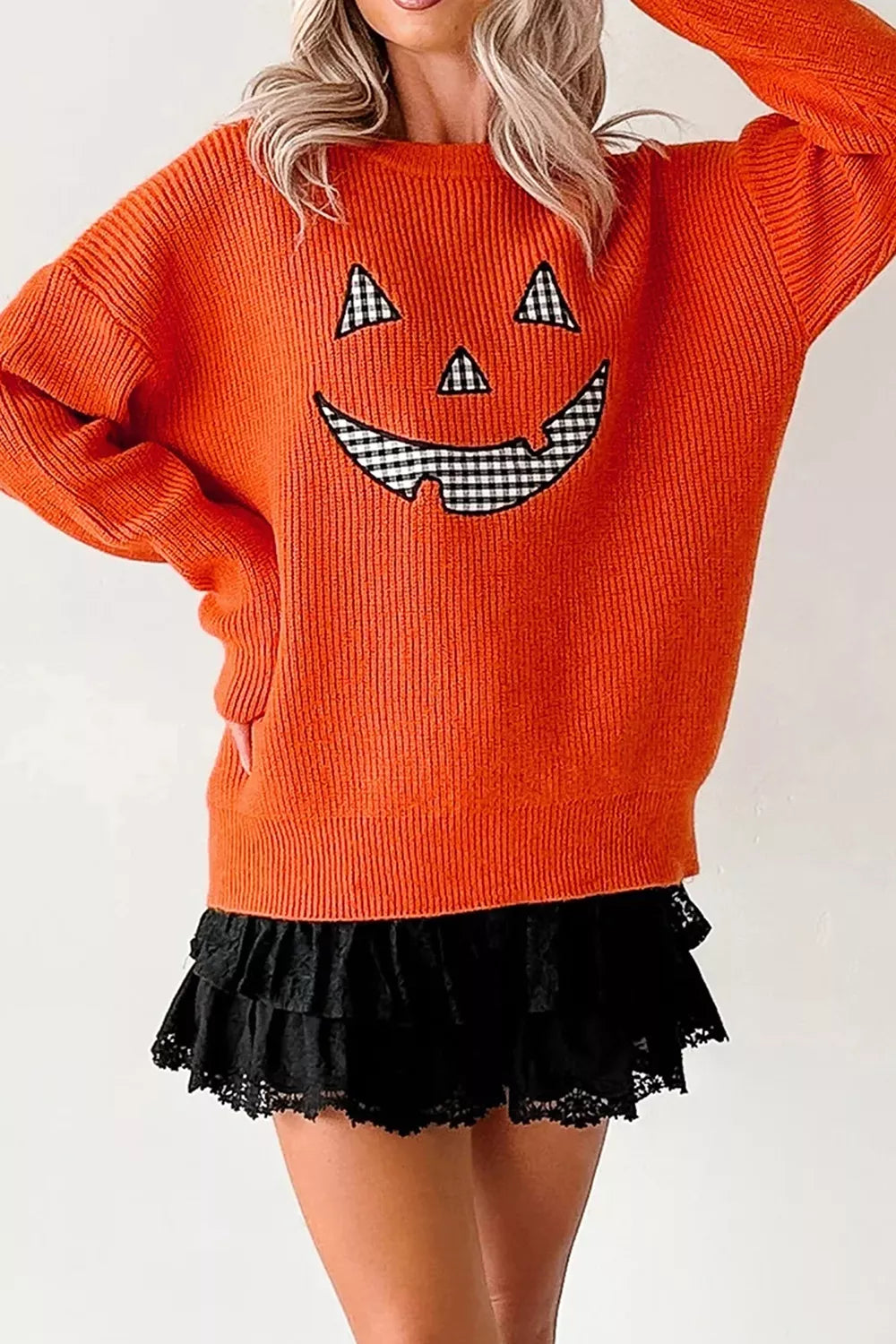 Drop Shoulder Long Sleeve Round Neck Halloween Sweater - Orange - View 10