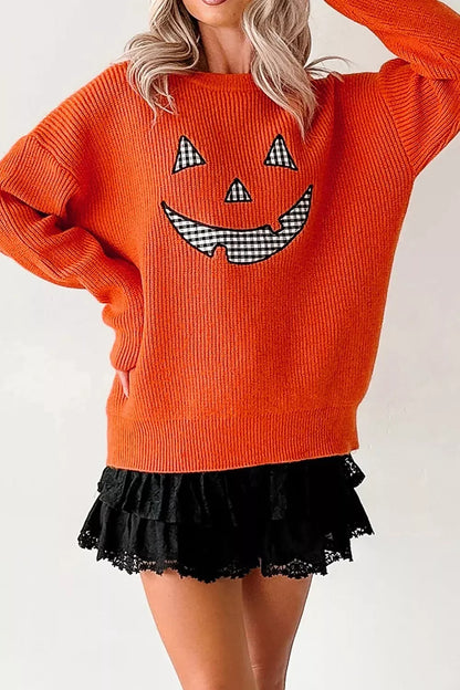 Drop Shoulder Long Sleeve Round Neck Halloween Sweater - Orange - View 10