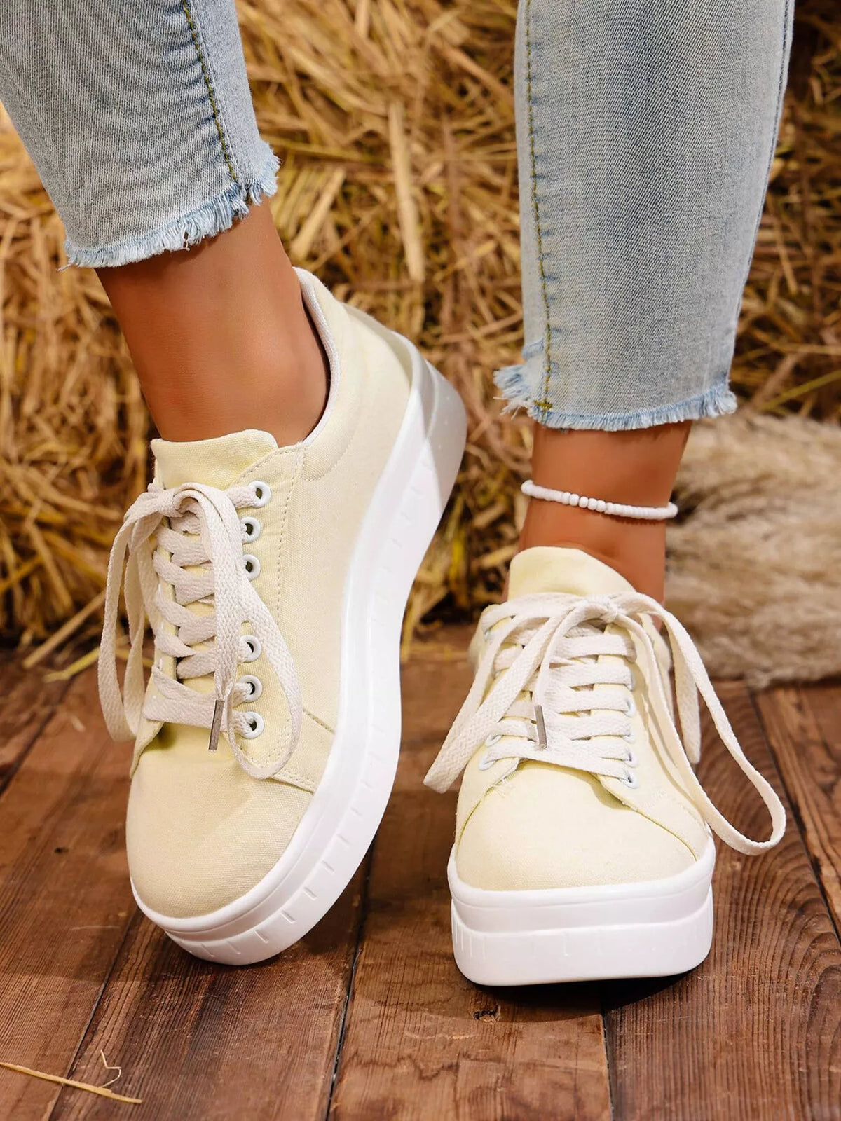 Lace Up Platform Sneakers - Ivory - View 4