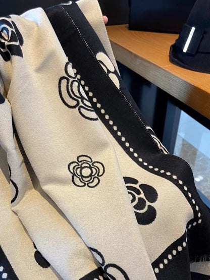 Floral Pattern Raw Hem Scarf - Black - View 2